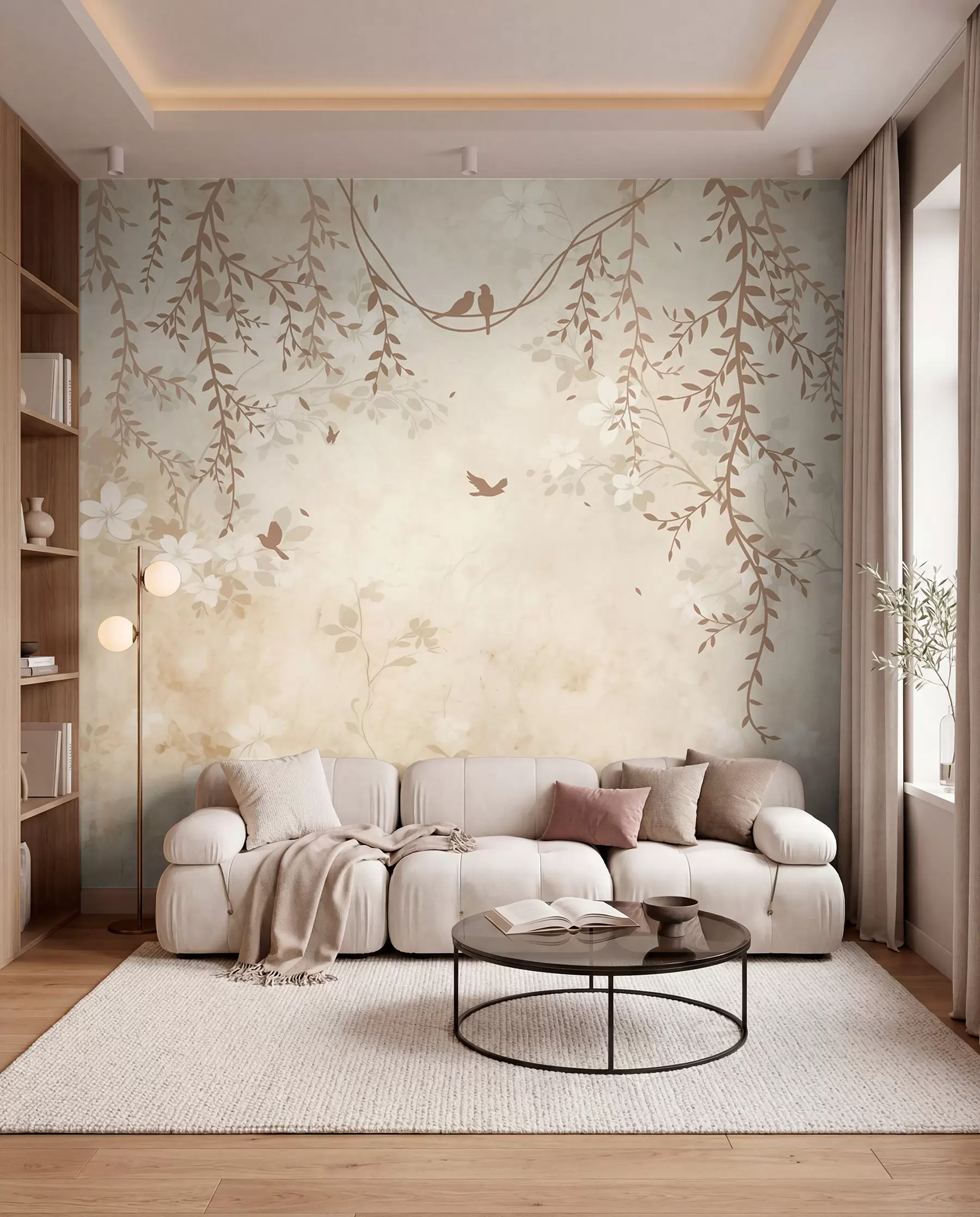 murales de pared Pájaros con plantas colgantes y un motivo floral en tonos beige-crema claro w08809