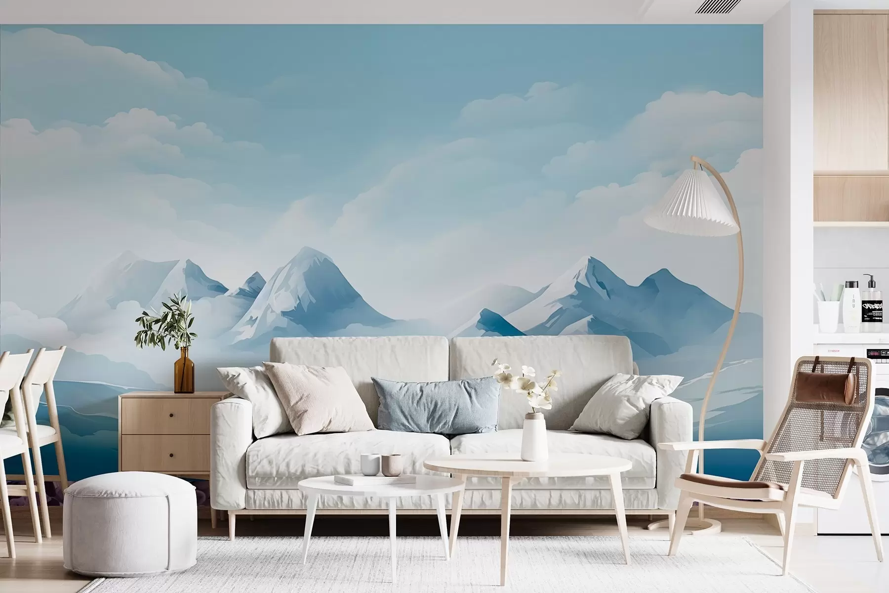 murales de pared Nubes y montañas azules minimalistas, tiempo gélido w08811