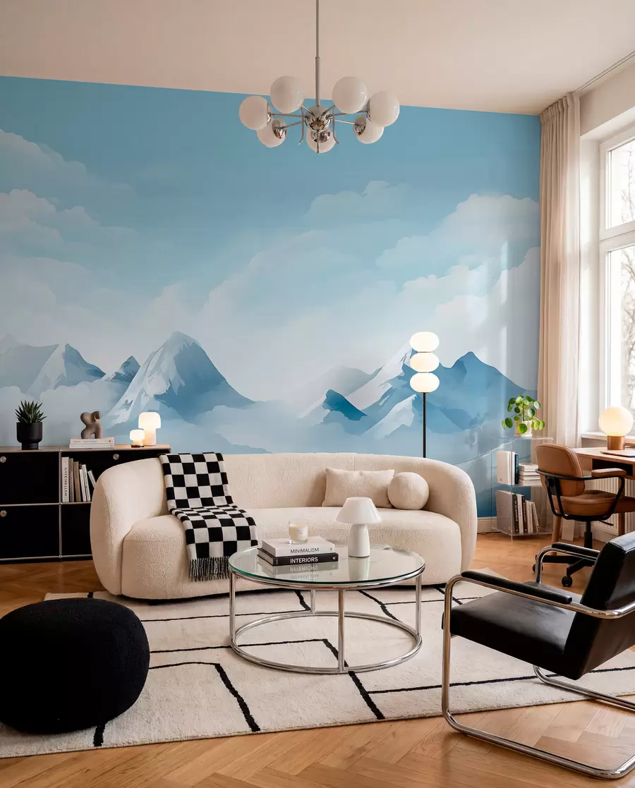 murales de pared Nubes y montañas azules minimalistas, tiempo gélido w08811