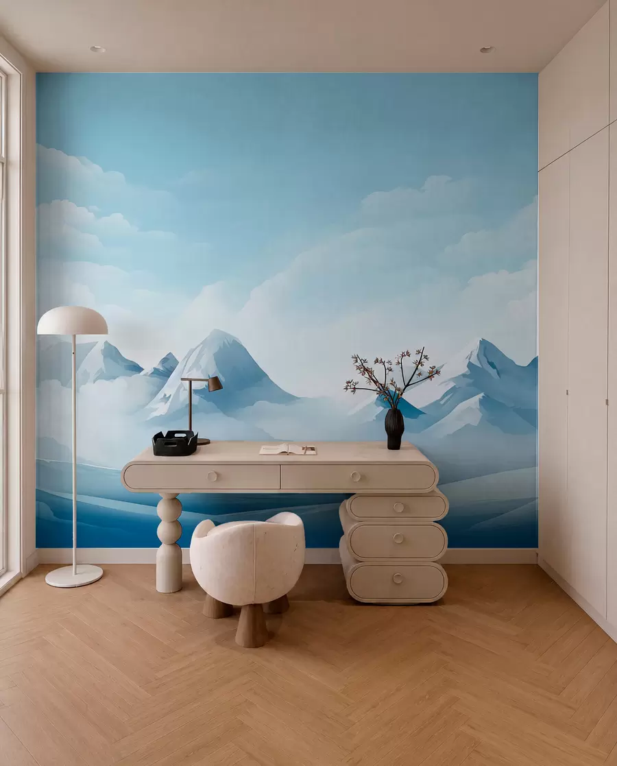 murales de pared Nubes y montañas azules minimalistas, tiempo gélido w08811