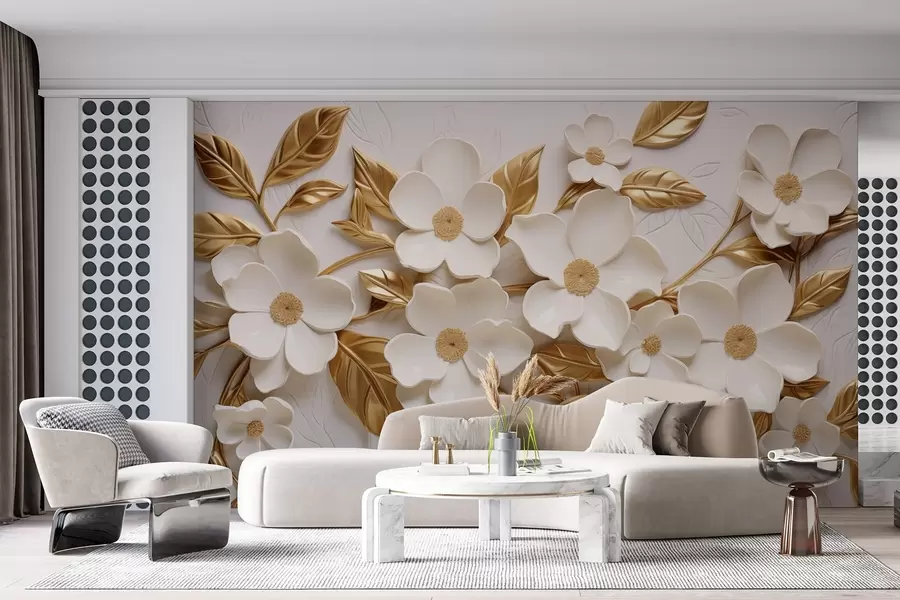 murales de pared flores blancas en 3D con hojas amarillas en relieve w08814