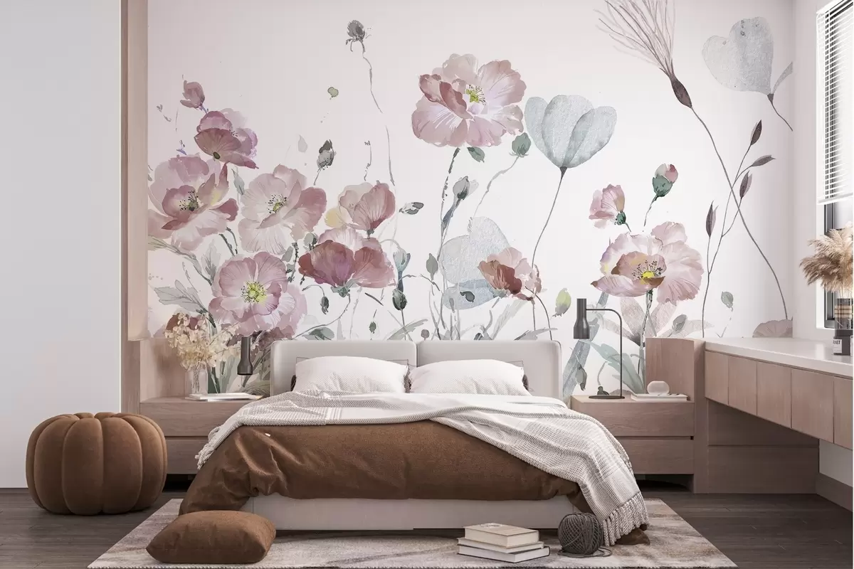 murales de pared Danza de flores en acuarela sobre lienzo blanco w03256