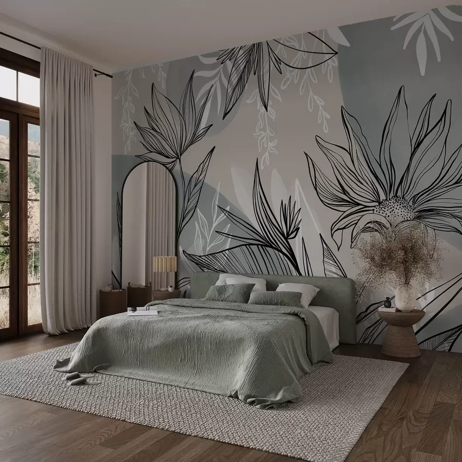 murales de pared Línea floral con grandes hojas y flores sobre un fondo de acuarela beige y azul w08865