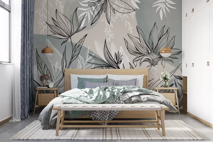 murales de pared Línea floral con grandes hojas y flores sobre un fondo de acuarela beige y azul w08865
