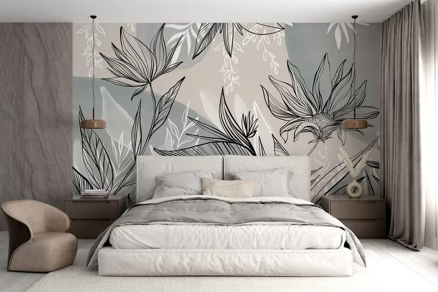murales de pared Línea floral con grandes hojas y flores sobre un fondo de acuarela beige y azul w08865