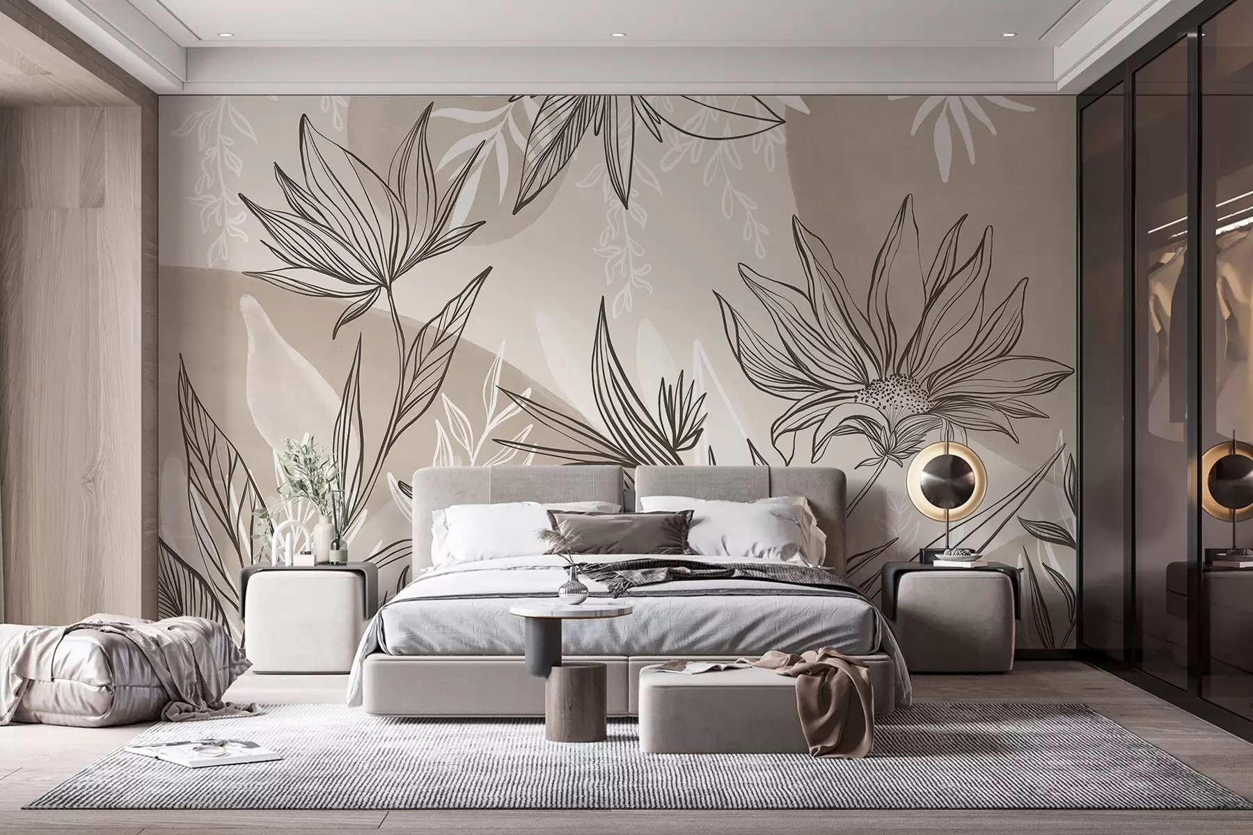 murales de pared Línea floral con grandes hojas y flores sobre un fondo de acuarela beige w08865v1