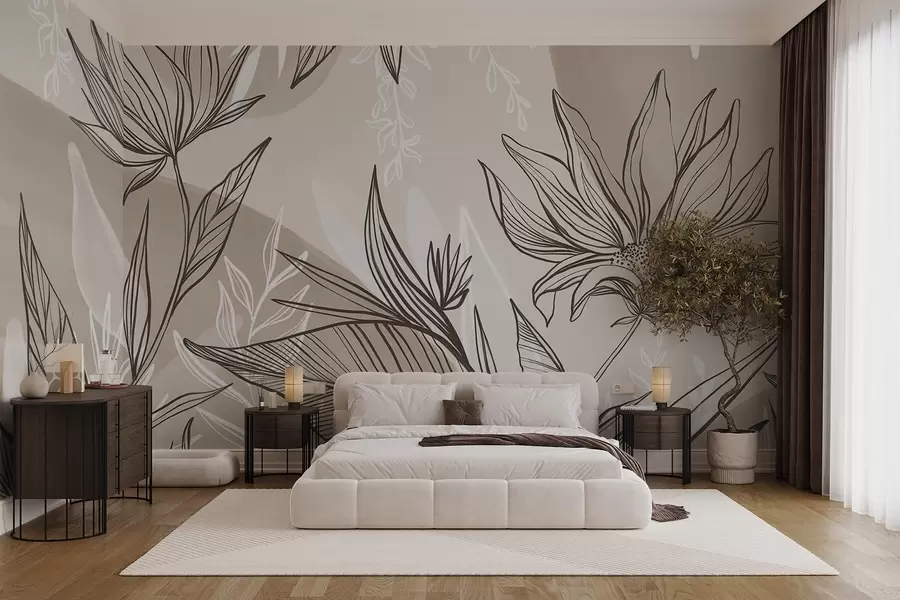 murales de pared Línea floral con grandes hojas y flores sobre un fondo de acuarela beige w08865v1