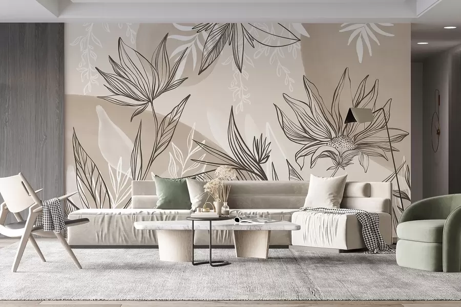 murales de pared Línea floral con grandes hojas y flores sobre un fondo de acuarela beige w08865v1
