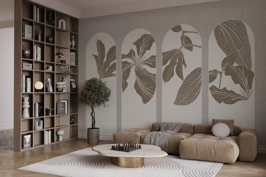 murales de pared Elegantes arcos con diseños florales en beige y blanco, sobre fondo beige texturado, estilo minimalista w08866
