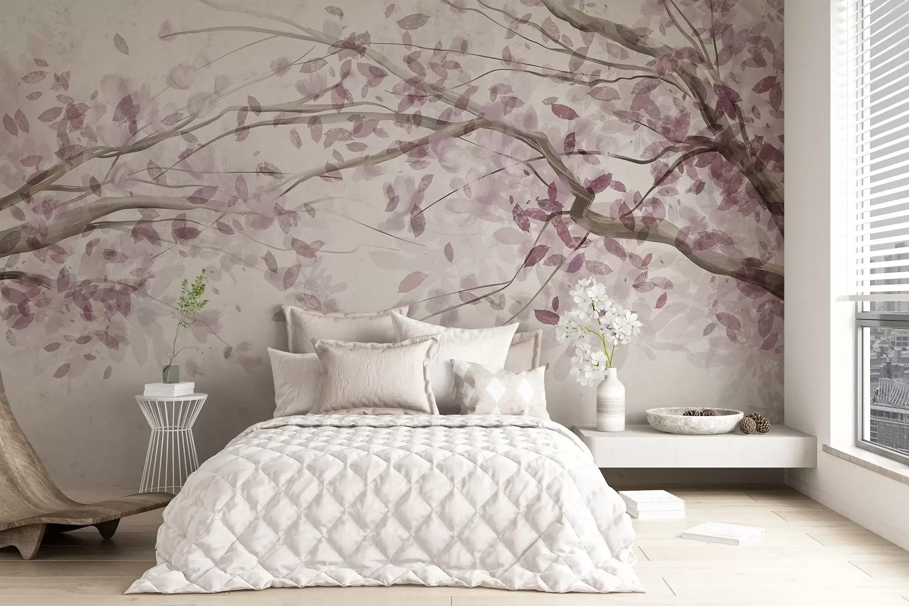 murales de pared Ramas en flor con hojas rosas, colores suaves, detalles delicados, estilo acuarela, sobre fondo claro w08867