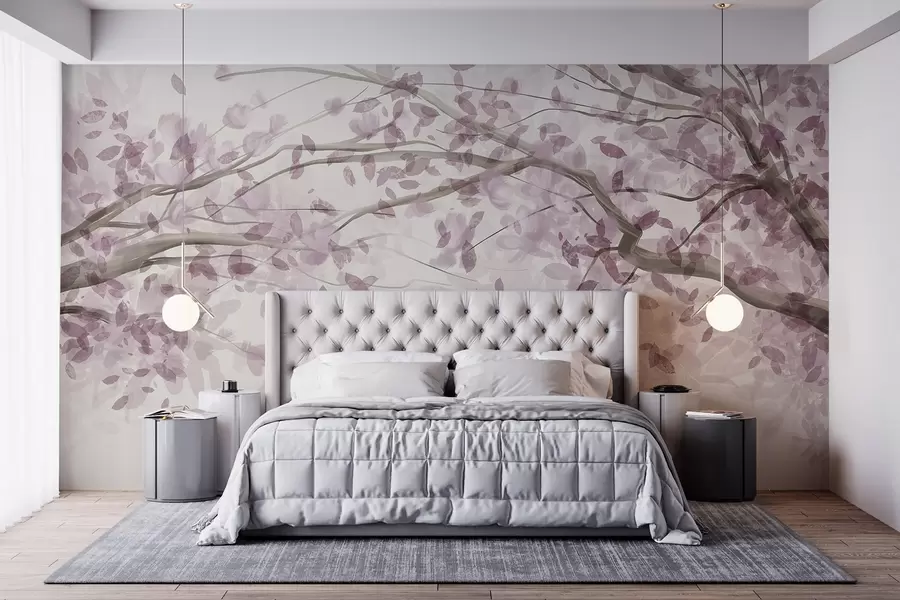 murales de pared Ramas en flor con hojas rosas, colores suaves, detalles delicados, estilo acuarela, sobre fondo claro w08867