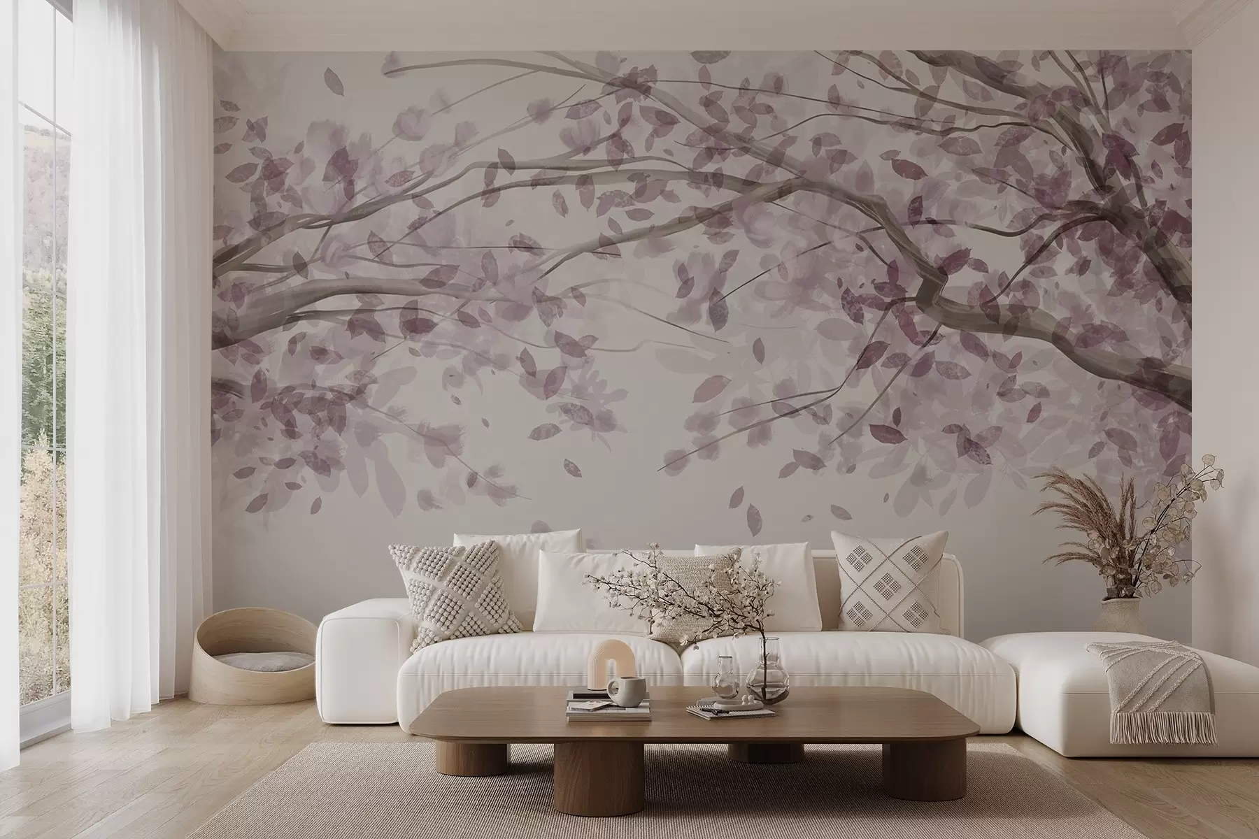 murales de pared Ramas en flor con hojas rosas, colores suaves, detalles delicados, estilo acuarela, sobre fondo claro w08867