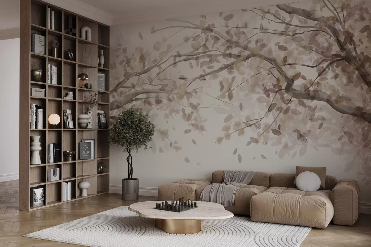 murales de pared Ramas en flor con hojas beige, colores suaves, detalles delicados, estilo acuarela, sobre fondo claro w08867v1
