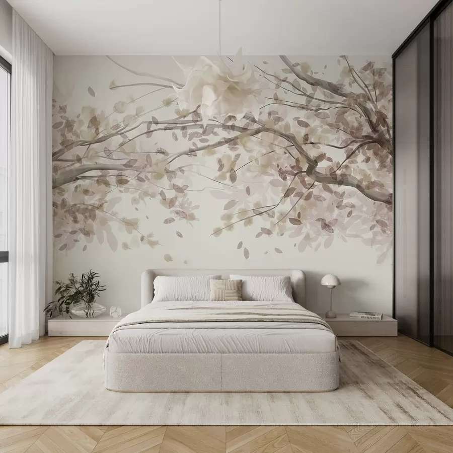 murales de pared Ramas en flor con hojas beige, colores suaves, detalles delicados, estilo acuarela, sobre fondo claro w08867v1