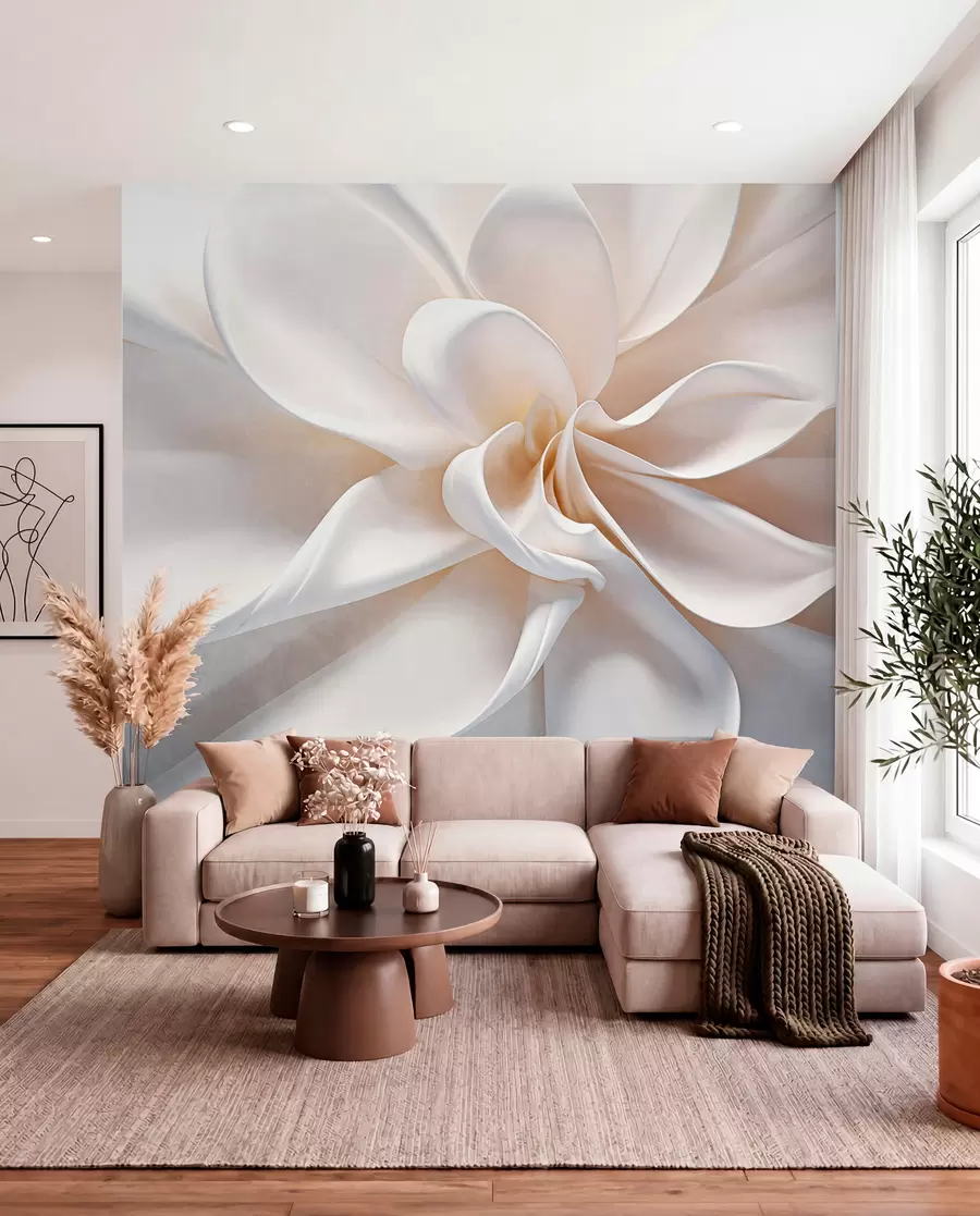 murales de pared Flor minimalista de textura pastel con pétalos suaves, ligera y aireada, sobre fondo blanco w08868