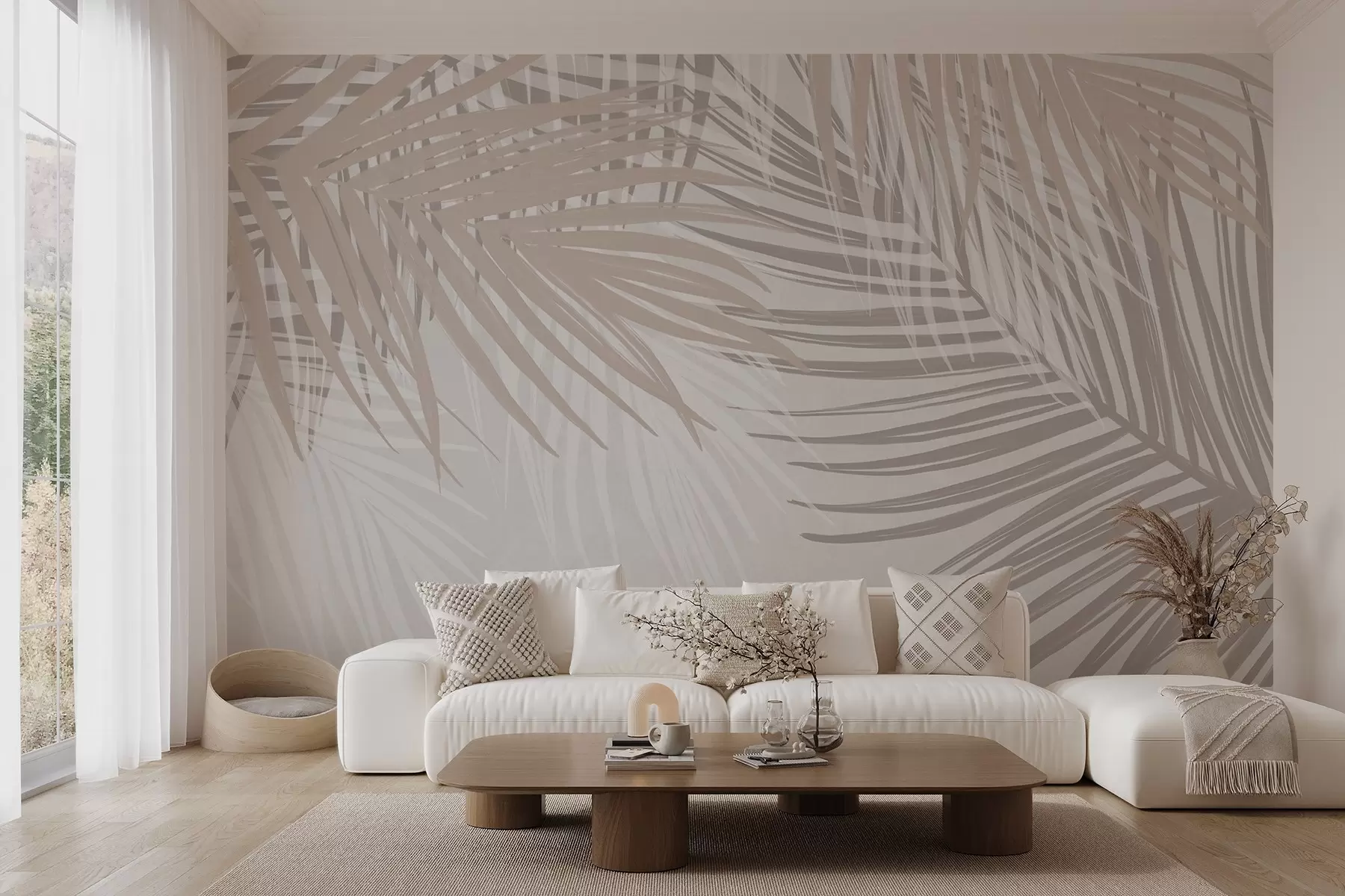 murales de pared Hojas de palmera en tonos beige claro y blanco, follaje tropical, colores pastel suaves, diseño minimalista w08869