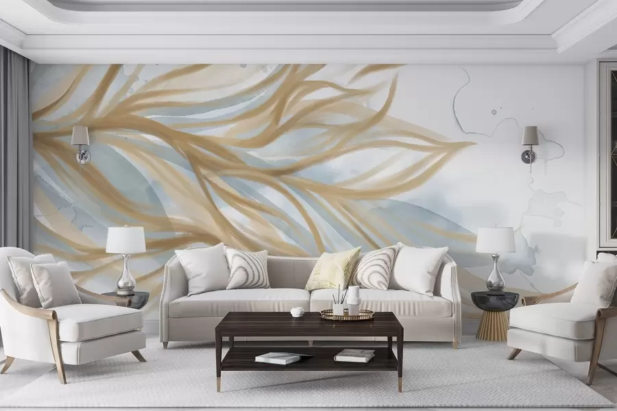 murales de pared Abstracto hojas amarillas con fondo de acuarela azul, suave y delicado, formas orgánicas, líneas fluidas w08871
