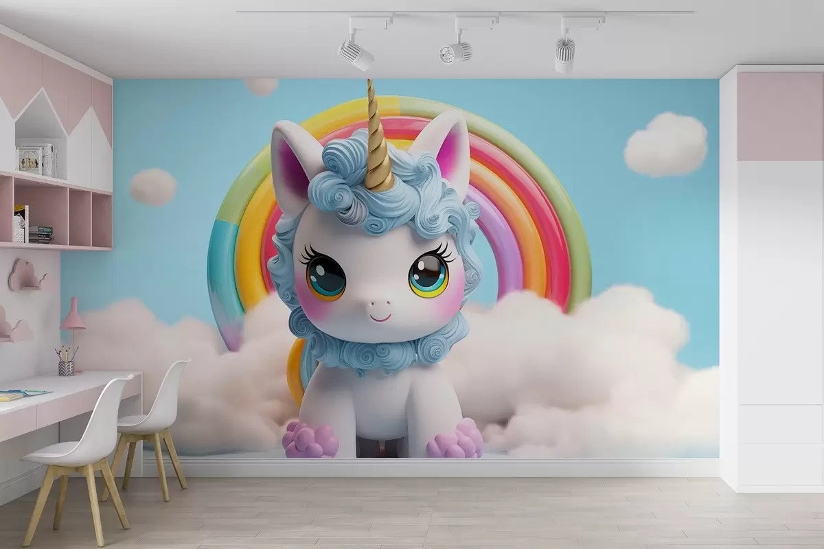murales de pared Un bonito unicornio en 3D rodeado de nubes y un arco iris w08848