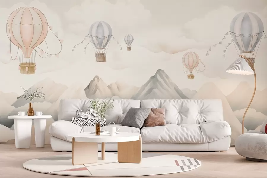 murales de pared Globos aerostáticos flotando sobre las montañas en tonos pastel neutros y suaves w08853