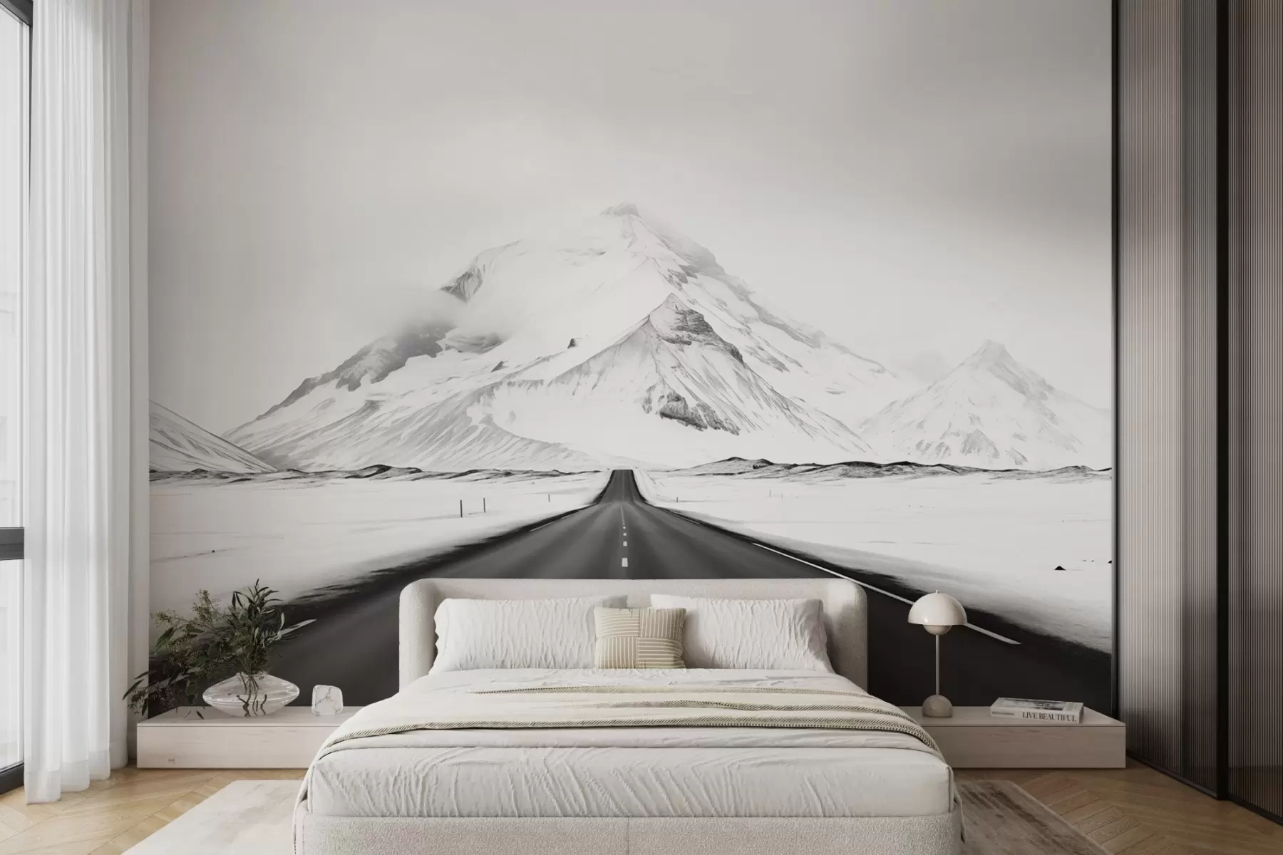 murales de pared Un paisaje en blanco y negro con una carretera que conduce a las montañas con una ligera niebla w08876