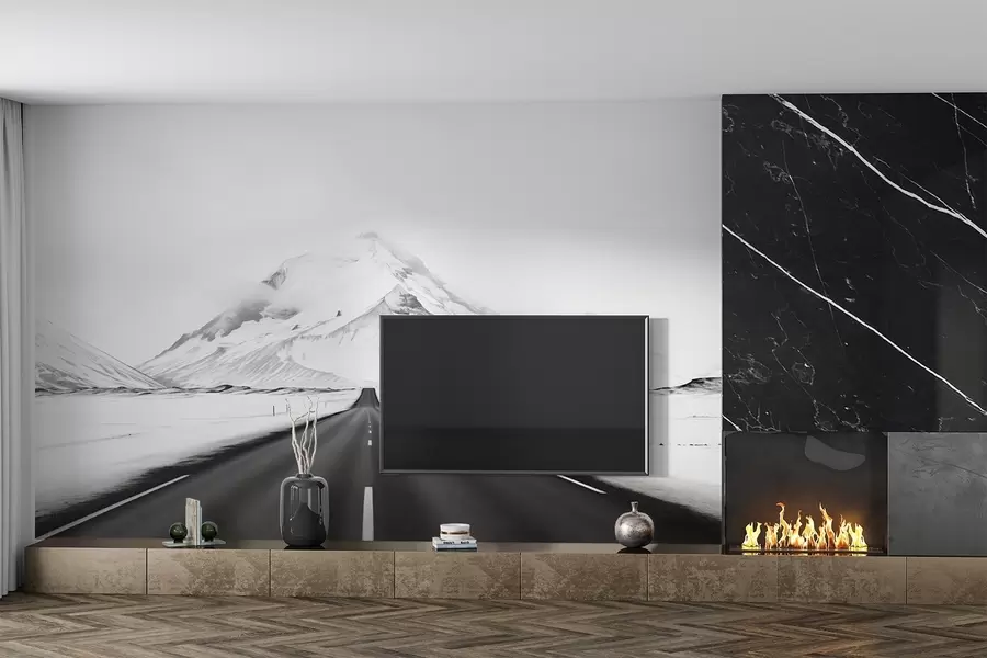 murales de pared Un paisaje en blanco y negro con una carretera que conduce a las montañas con una ligera niebla w08876