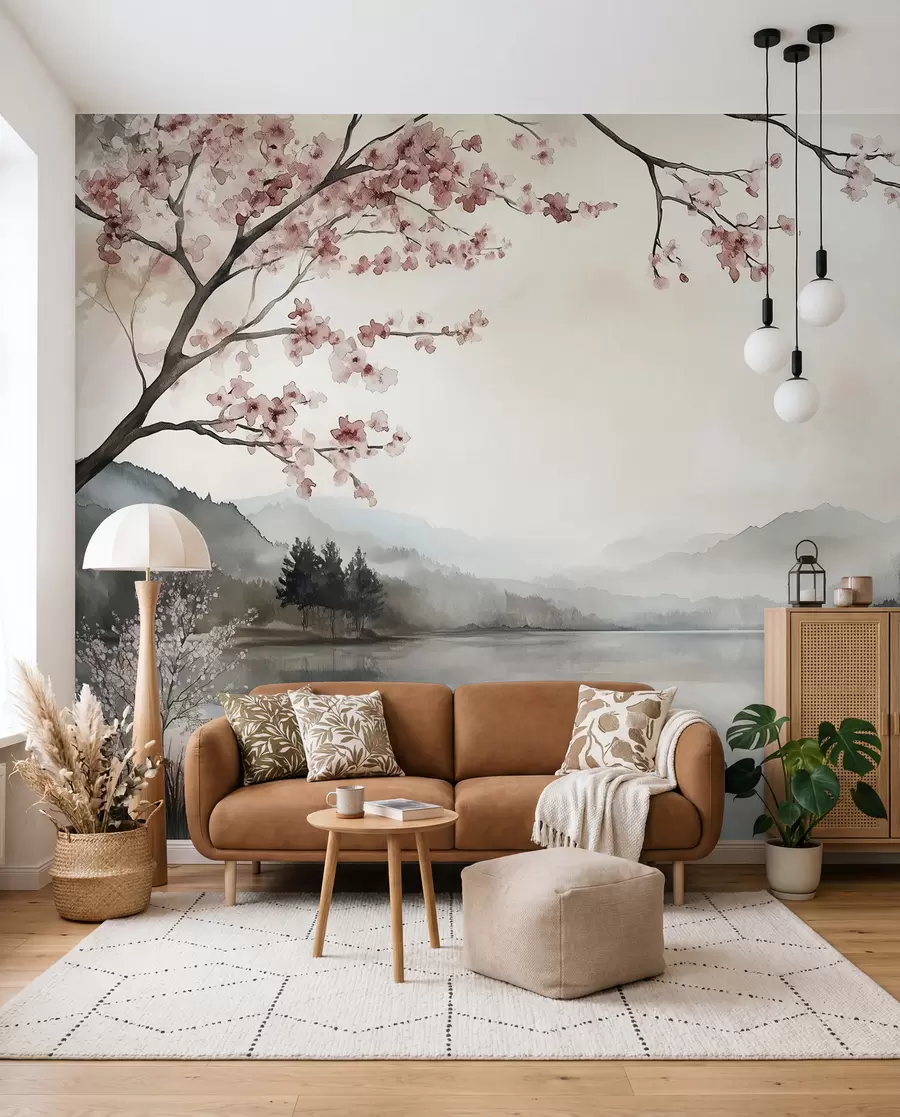 murales de pared tranquilo paisaje en acuarela con un lago y un árbol en flor w03282