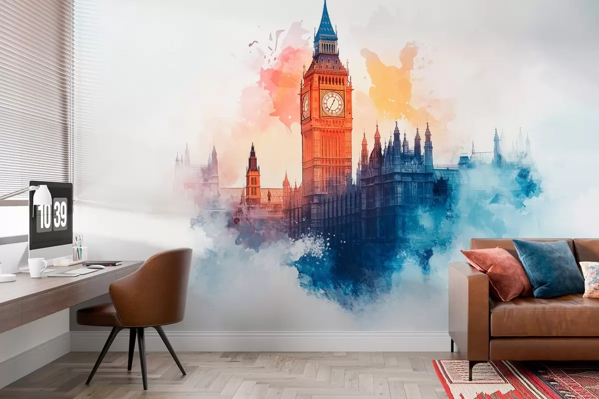 murales de pared dibujo en acuarela del Big Ben sobre fondo claro w03287