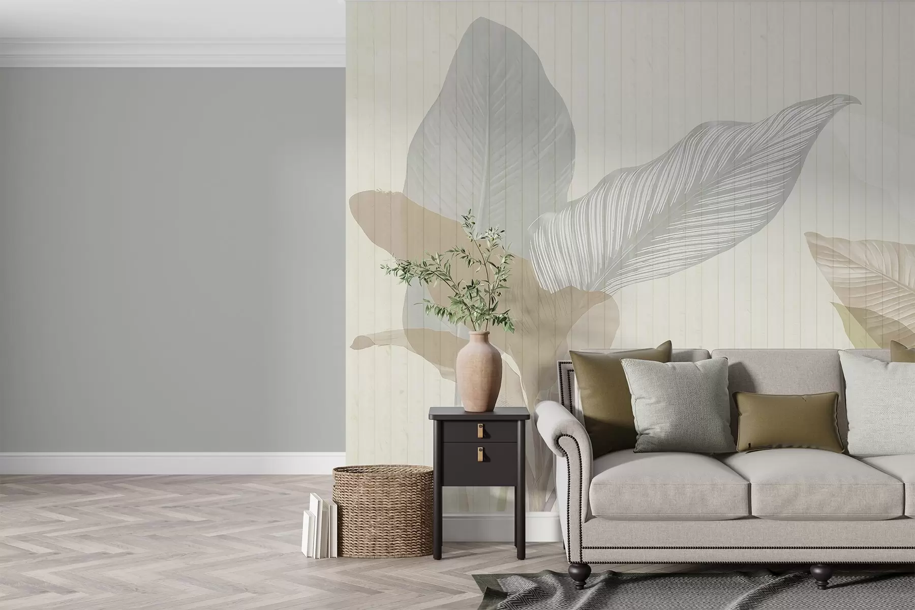 murales de pared Suave ilustración botánica con grandes hojas translúcidas en tonos pastel sobre un fondo texturizado w03323v2