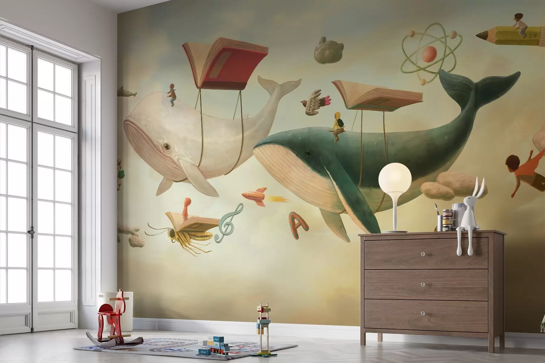 murales de pared Una caprichosa ilustración de ballenas volando en el cielo bajo globos en forma de libro w03327v1