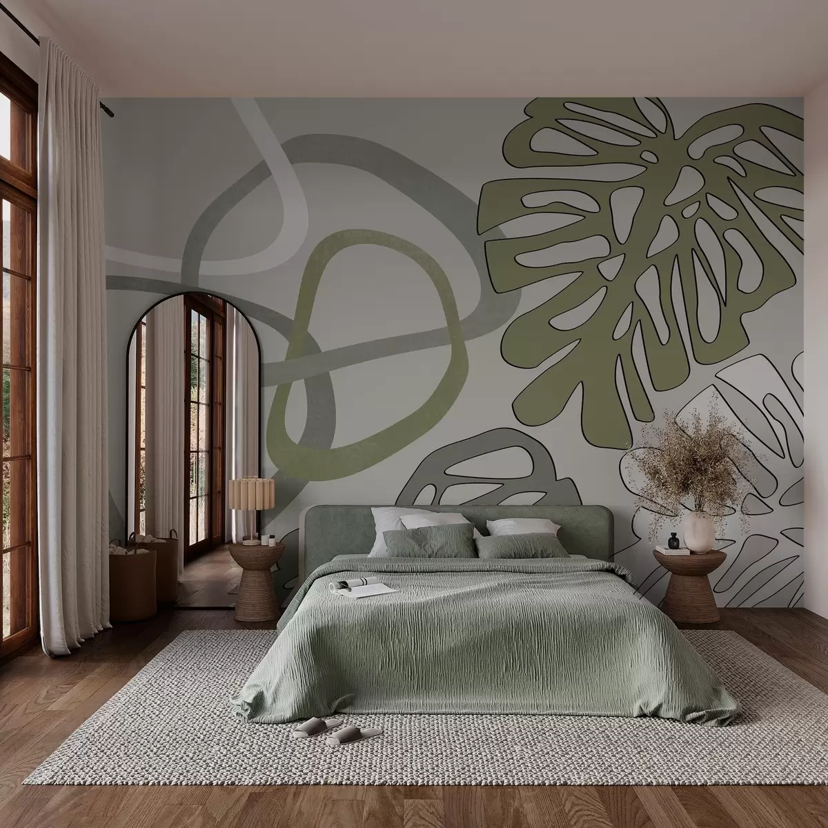 murales de pared Hojas de Monstera y formas abstractas, tonos verdes w03277v2