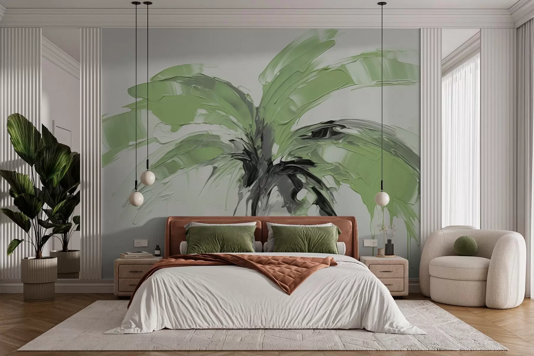 murales de pared Pinceladas de imitación de palmeras, tonos verdes w03363v1