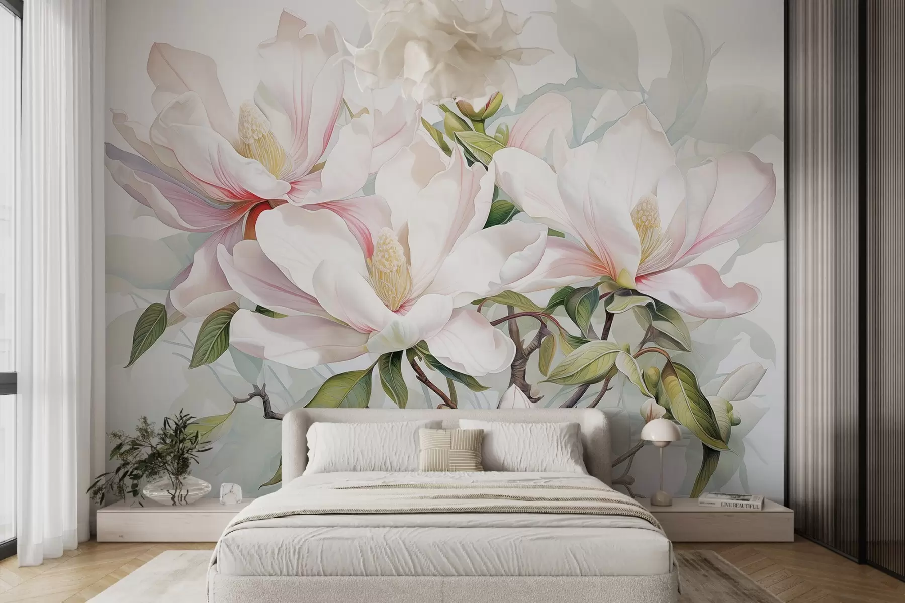 murales de pared Flores de magnolia con pétalos blancos y rosas, hojas y ramas marrones, estilo acuarela suave y delicada w08885