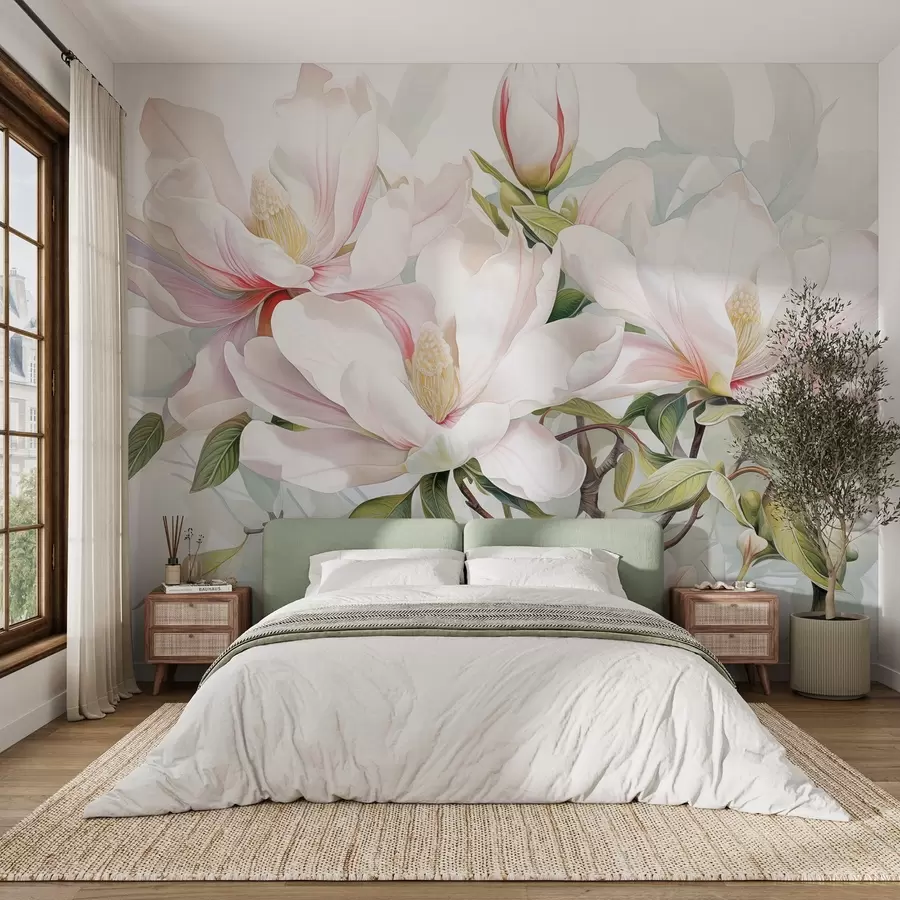 murales de pared Flores de magnolia con pétalos blancos y rosas, hojas y ramas marrones, estilo acuarela suave y delicada w08885