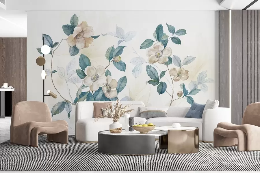 murales de pared Flores en delicado estilo acuarela con pétalos blancos y beige y hojas verdes sobre una rama, fondo claro w08895