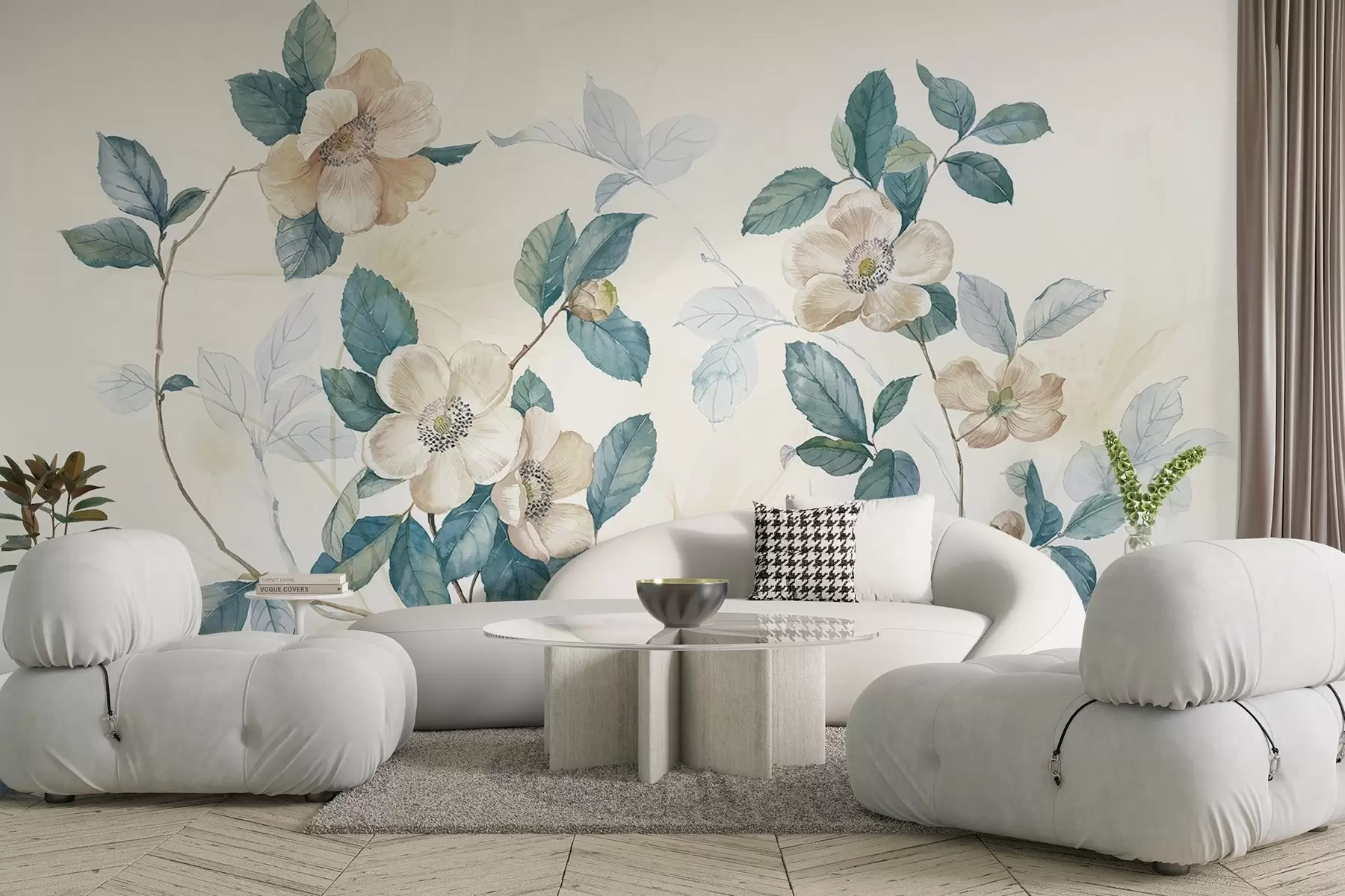murales de pared Flores en delicado estilo acuarela con pétalos blancos y beige y hojas verdes sobre una rama, fondo claro w08895