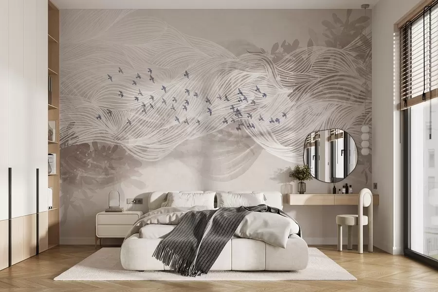 murales de pared Bandada de pájaros volando sobre el paisaje abstracto de arte lineal ondas de color beige con textura, colores suaves , diseño minimalista w08898