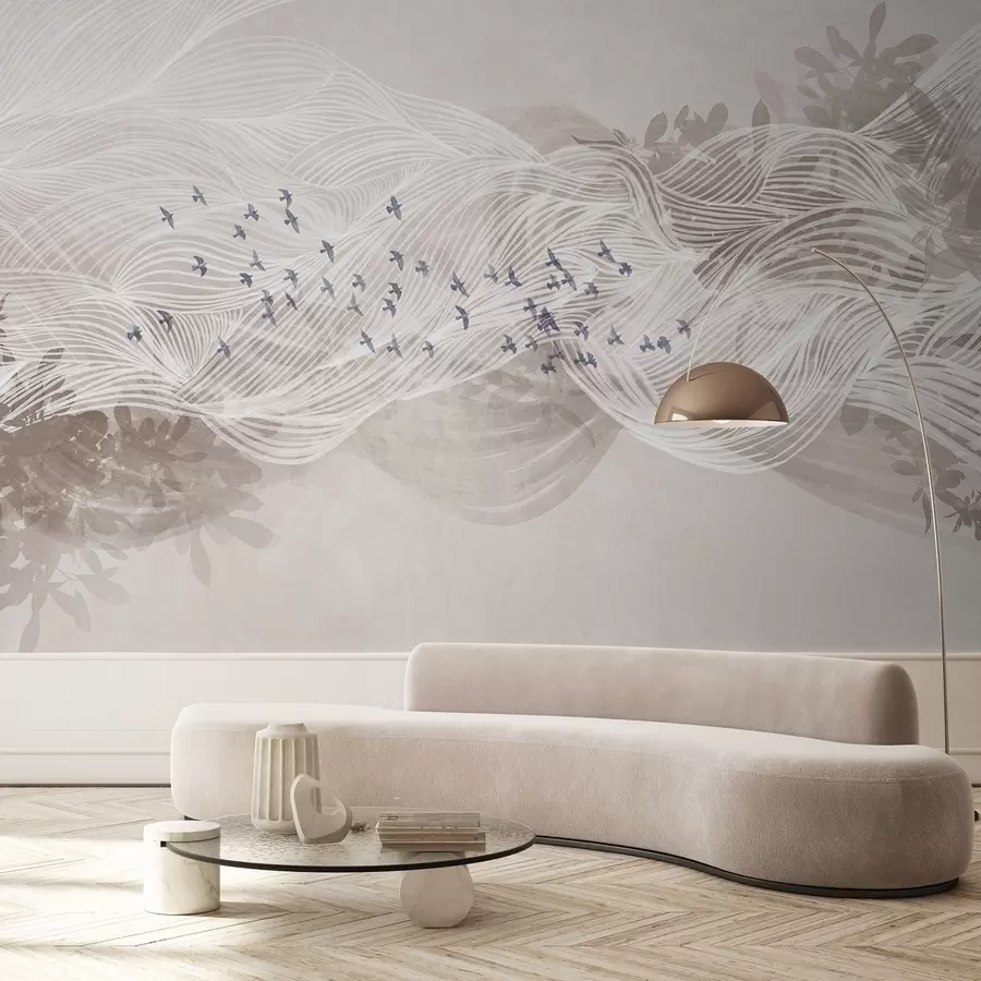 murales de pared Bandada de pájaros volando sobre el paisaje abstracto de arte lineal ondas de color beige con textura, colores suaves , diseño minimalista w08898