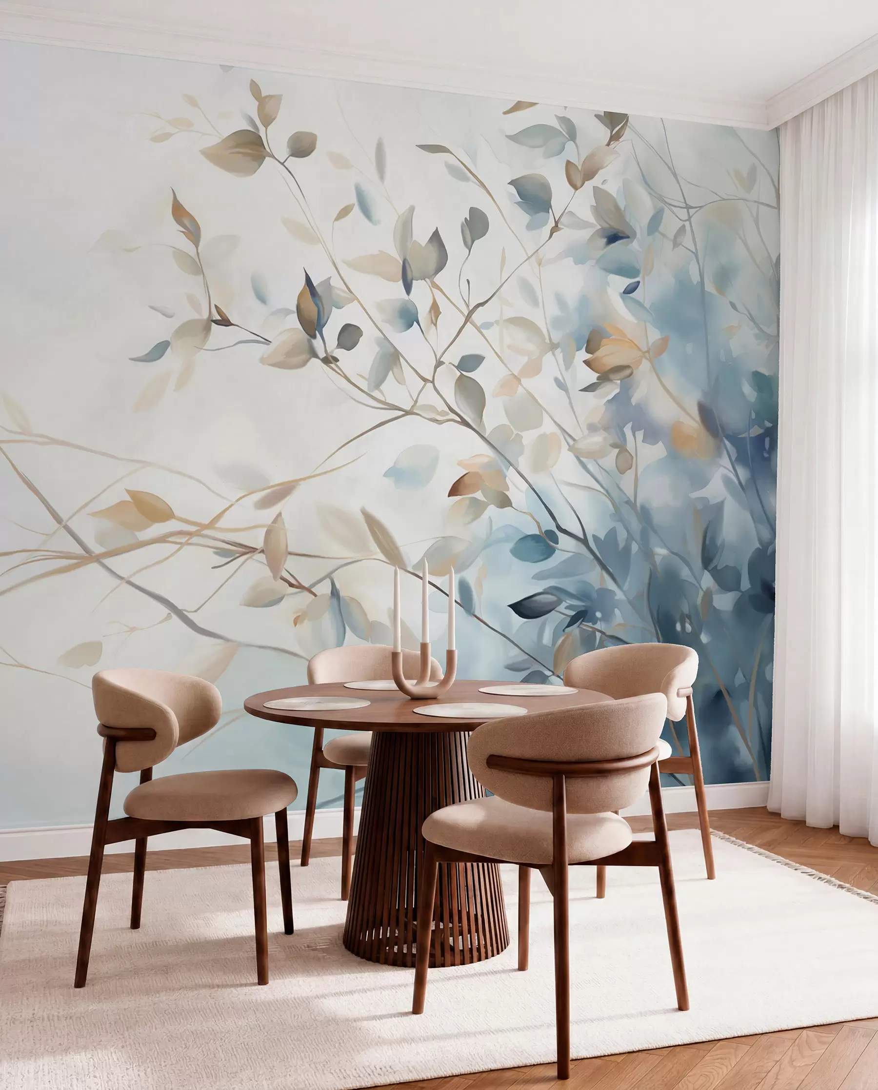 murales de pared Ramas con hojas en tonos azules y marrones, fondo claro, suave y delicado, estilo acuarela w08900
