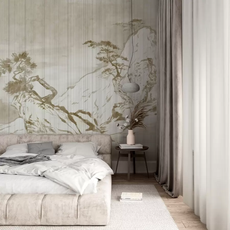 murales de pared Paisaje monocromo tradicional chino con montañas, árboles y niebla w03379