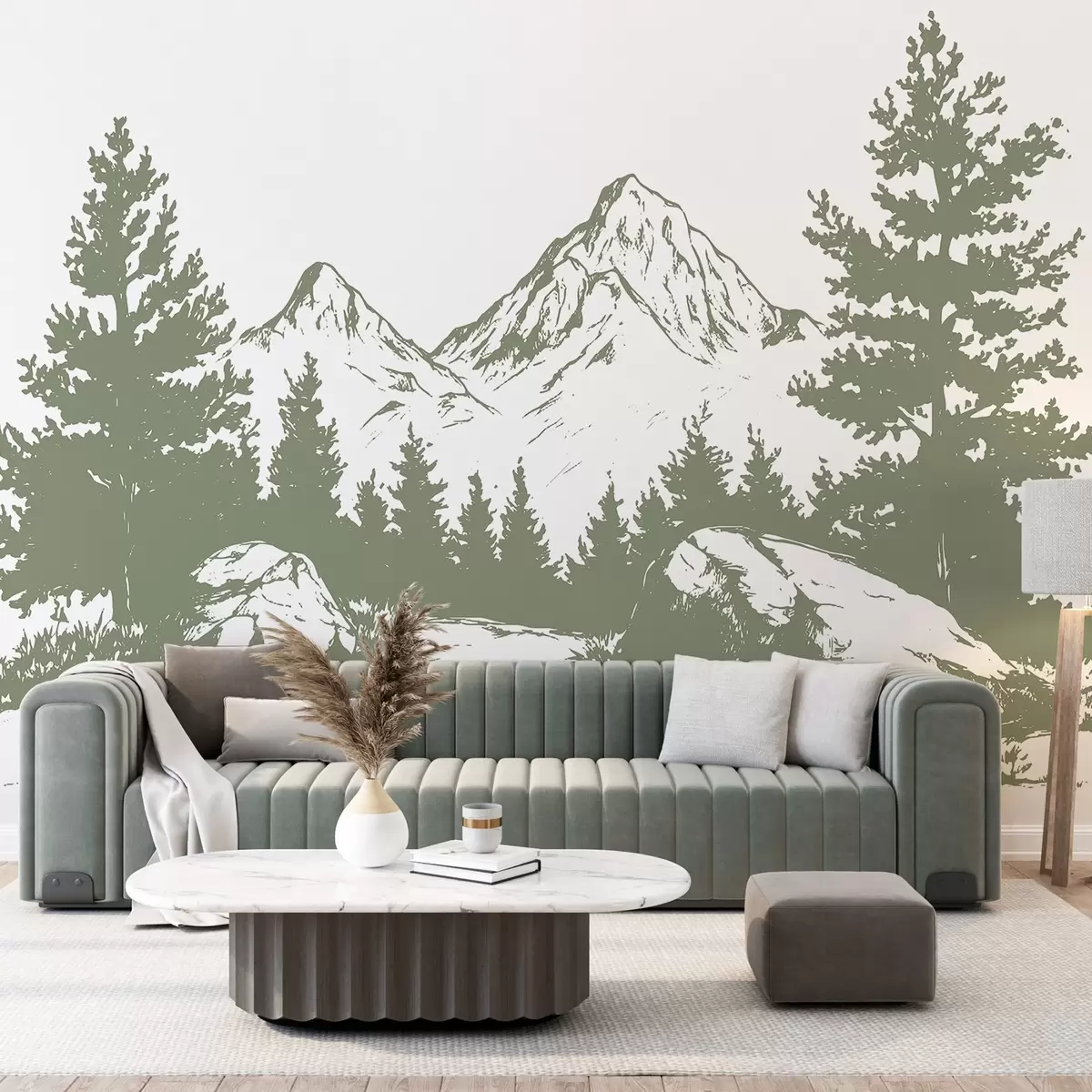 murales de pared Los Alpes, montañas con bosque, dibujo lineal, color verde w03342v1