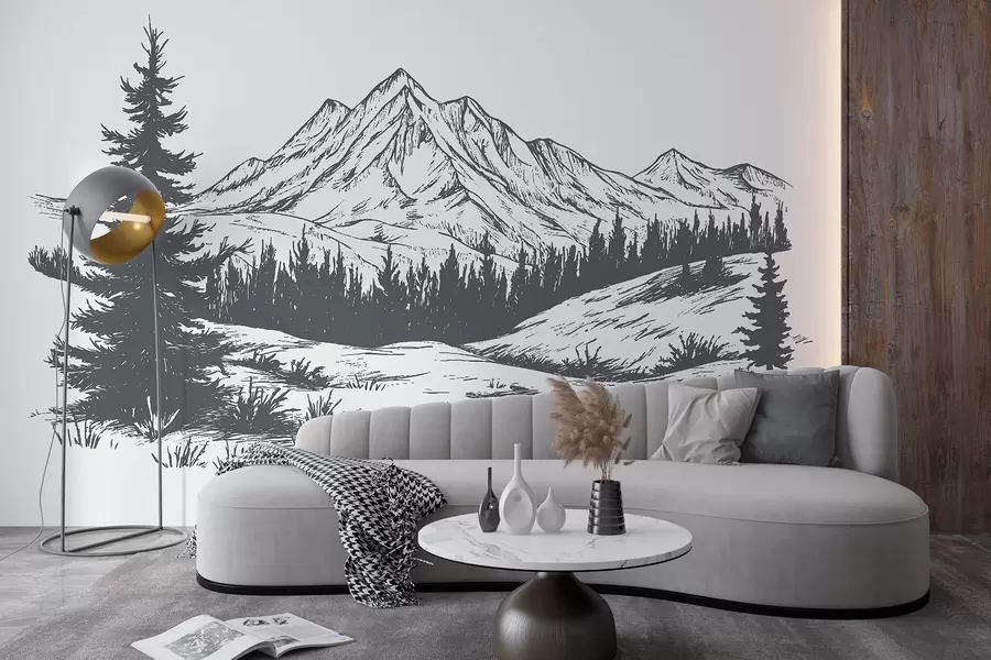 murales de pared Paisaje de montaña con pinos, bosque, naturaleza, color gris oscuro w03344