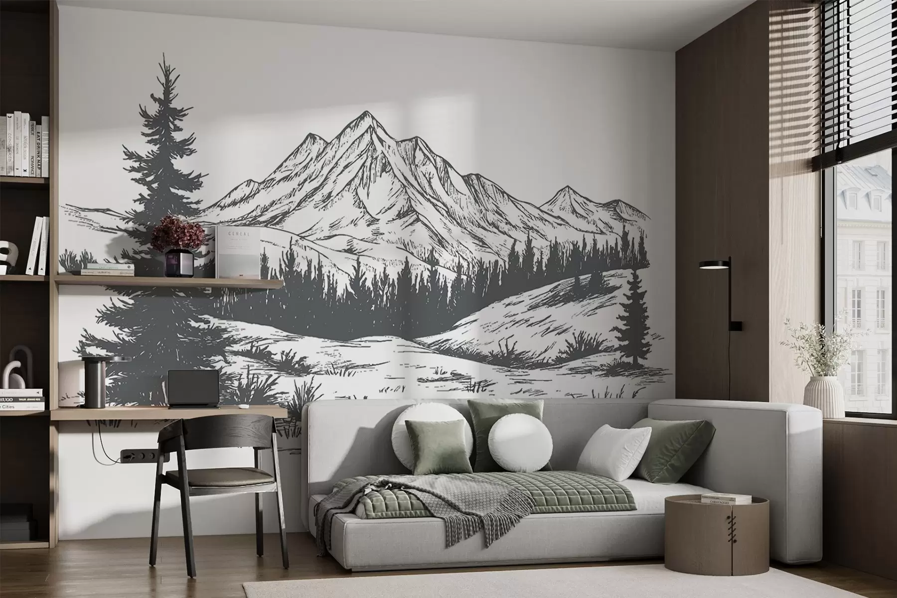 murales de pared Paisaje de montaña con pinos, bosque, naturaleza, color gris oscuro w03344