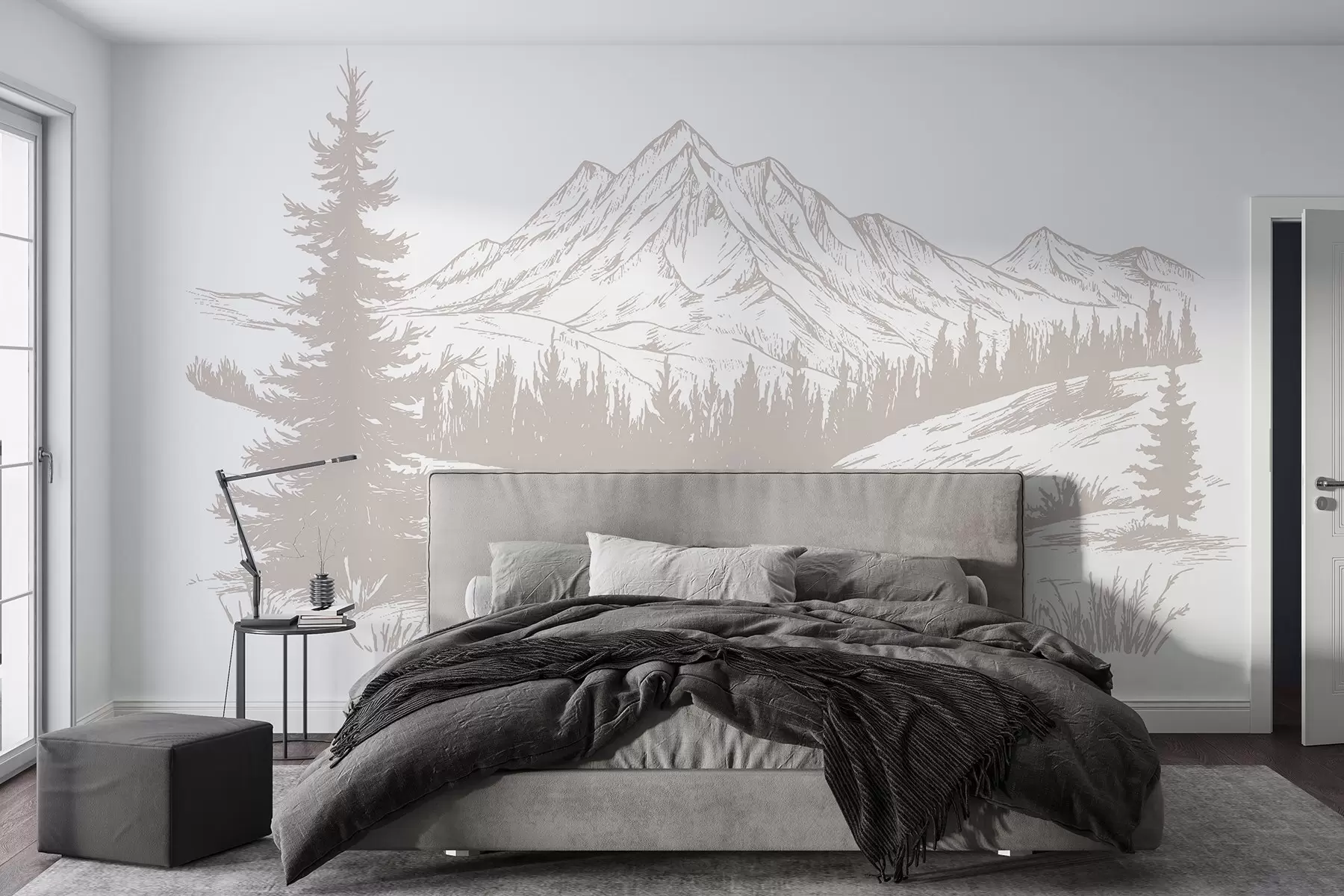 murales de pared Paisaje de montaña con pinos, bosque, naturaleza, color beige suave w03344v3