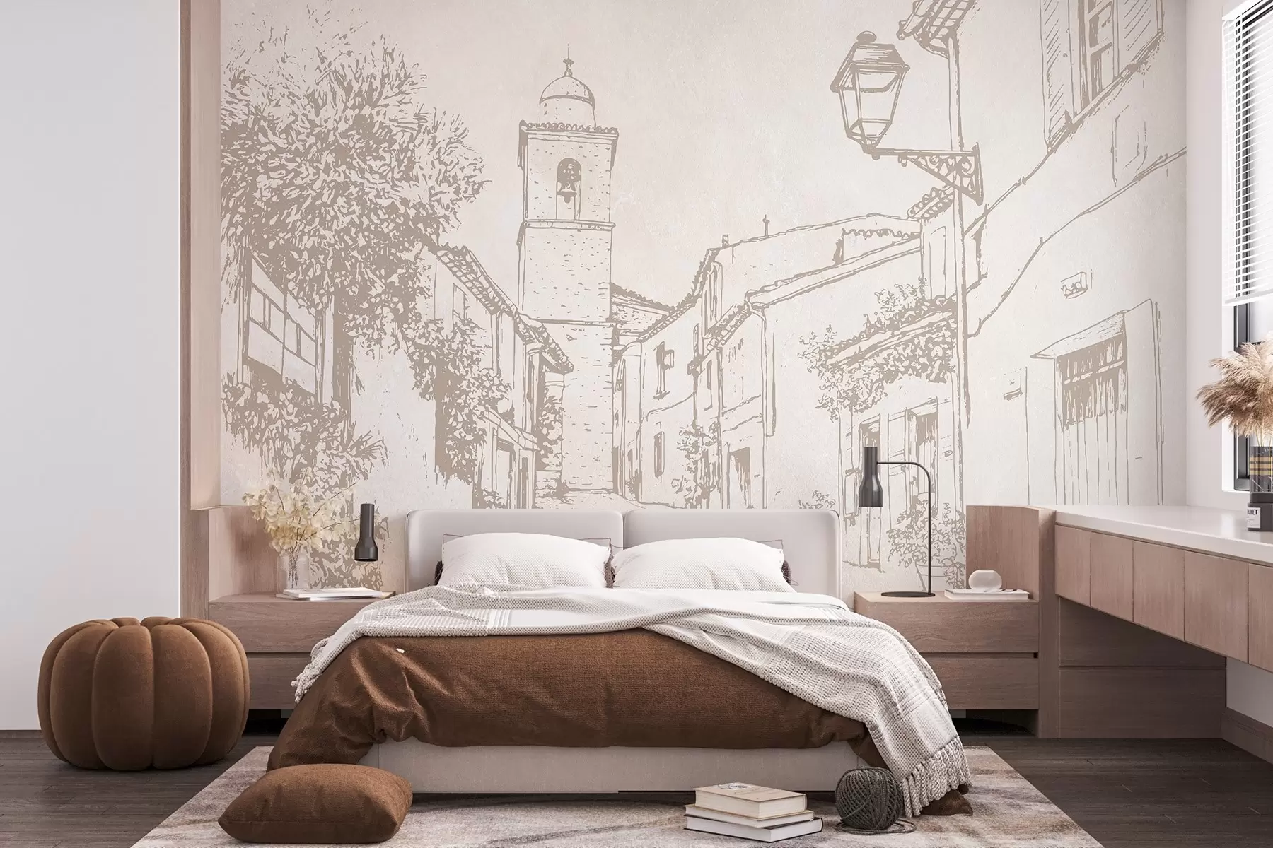 murales de pared Calle de la ciudad, hermosa arquitectura, edificios, Mediterráneo, colores beige w03346