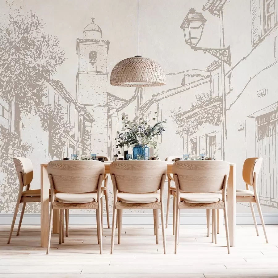 murales de pared Calle de la ciudad, hermosa arquitectura, edificios, Mediterráneo, colores beige w03346