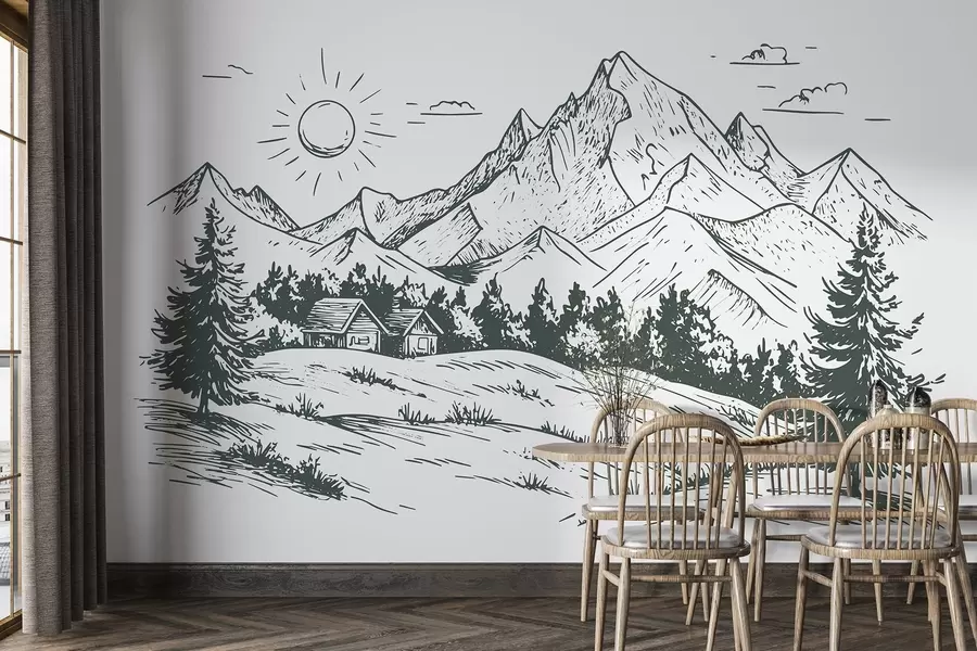 murales de pared Dibujo de montañas, paisajes de naturaleza, bosque, casas de madera, color verde w03347