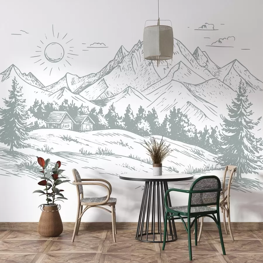 murales de pared Dibujo de montañas, paisajes naturales, bosque, casas de madera, color menta w03347v1
