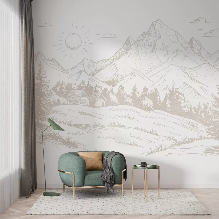 murales de pared Dibujo de montañas, paisajes naturales, bosque, casas de madera, color beige w03348