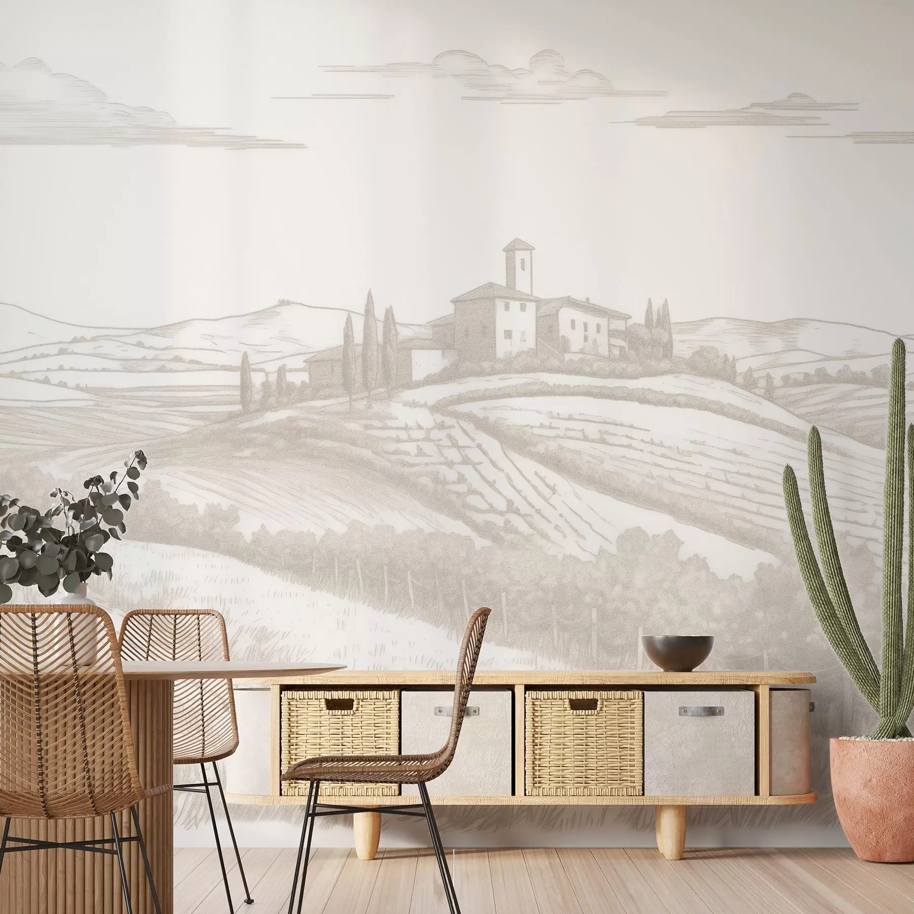 murales de pared Paisajes de la Toscana, Italia, viñedos, naturaleza, castillo antiguo, colores beige w03349
