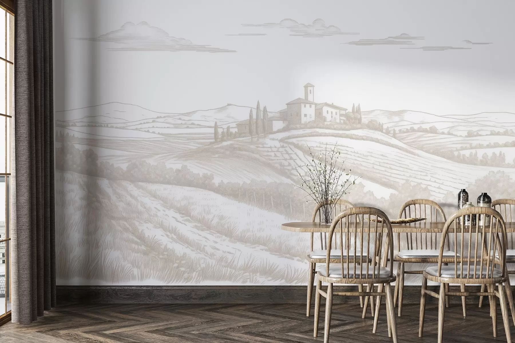 murales de pared Paisajes de la Toscana, Italia, viñedos, naturaleza, castillo antiguo, colores beige w03349